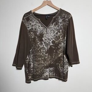 New Directions Woman Knit Top 2X Brown Paisley Cotton Rhinestone Y2K Whimsigoth